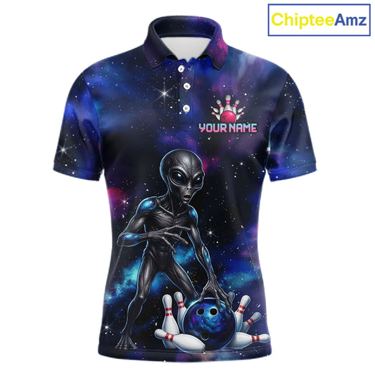 Space Alien Men's Bowling Polo Shirt, Personalized Galaxy Bowling League Jersey, UFO Athletic Apparel