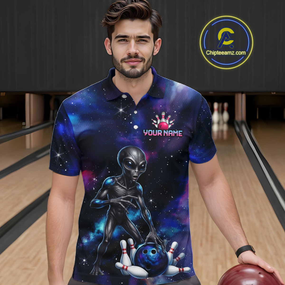 Male model wearing Space Alien bowling polo, personalized UFO bowling jersey, esports inspired lifestyle