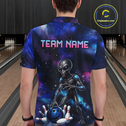 Male model wearing Space Alien bowling polo, personalized UFO bowling jersey, esports inspired lifestyle
