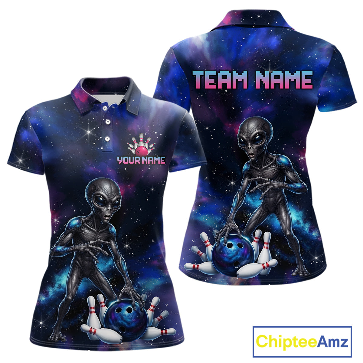 Space Alien Women's Bowling Polo Shirt, Personalized Galaxy Bowling Team Jersey, UFO Tournament Apparel, Sci-Fi Performance Polo, Cosmic Sportswear