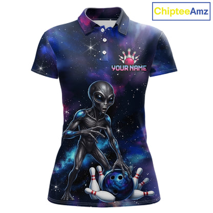 Space Alien Women's Bowling Polo Shirt, Personalized Galaxy Bowling Team Jersey, UFO Tournament Apparel, Sci-Fi Performance Polo, Cosmic Sportswear