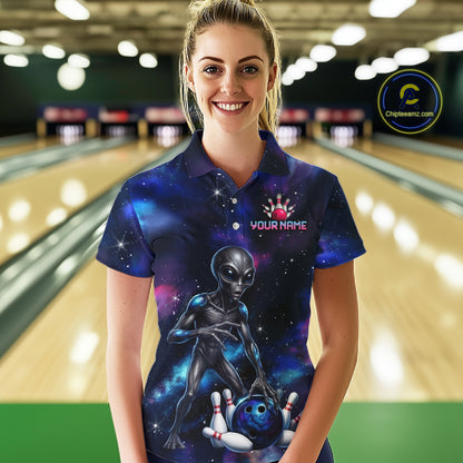 Female model wearing Space Alien bowling polo, galaxy bowling apparel, sci-fi sports fashion, confidence