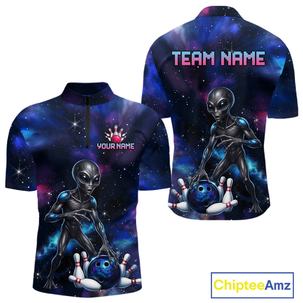 Space Alien Men's Quarter-Zip Bowling Shirt, Personalized UFO Bowling League Jersey