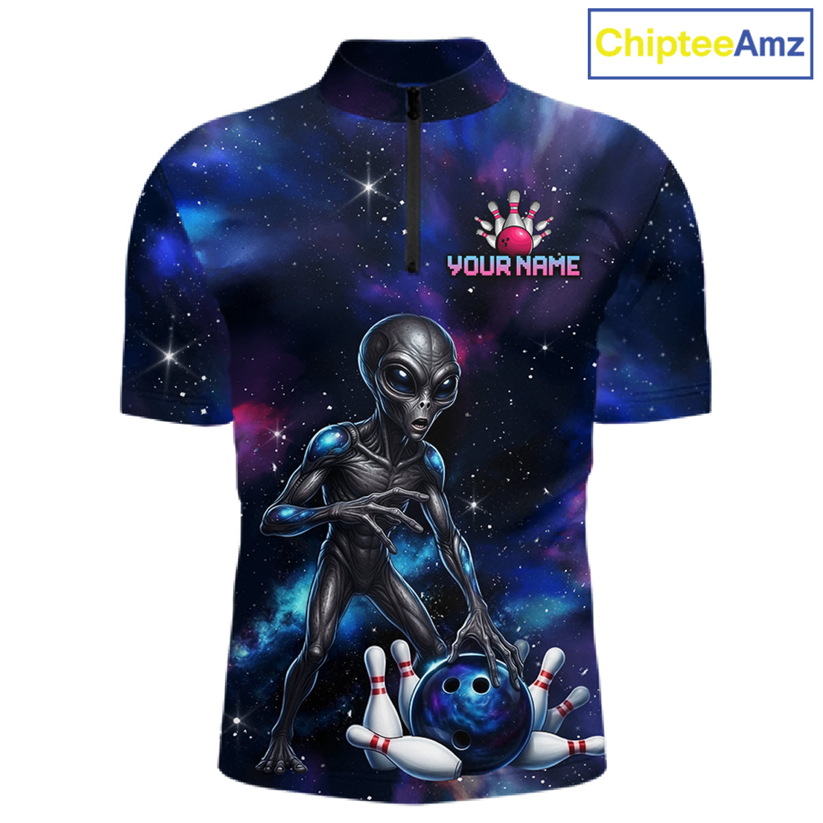 Space Alien Men's Quarter-Zip Bowling Shirt, Personalized UFO Bowling League Jersey
