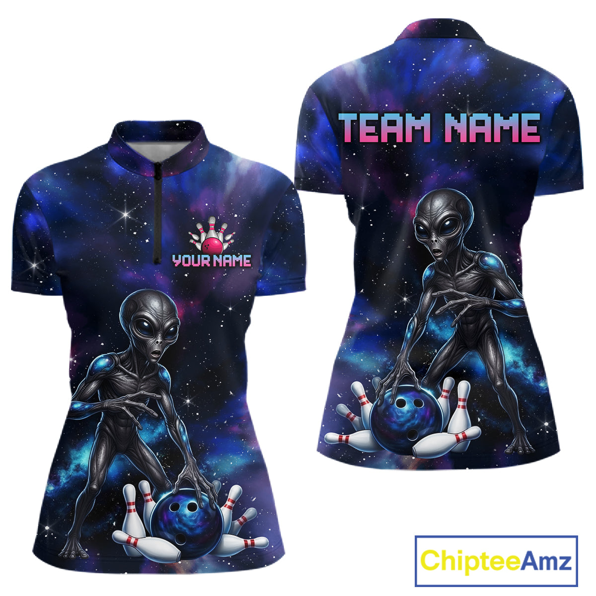 Space Alien Women's Quarter-Zip Bowling Shirt, Personalized Galaxy Bowling Tournament Jersey, Performance Sportswear