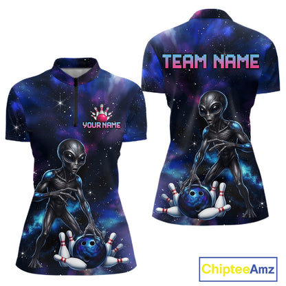 Space Alien Women's Quarter-Zip Bowling Shirt, Personalized Galaxy Bowling Tournament Jersey, Performance Sportswear