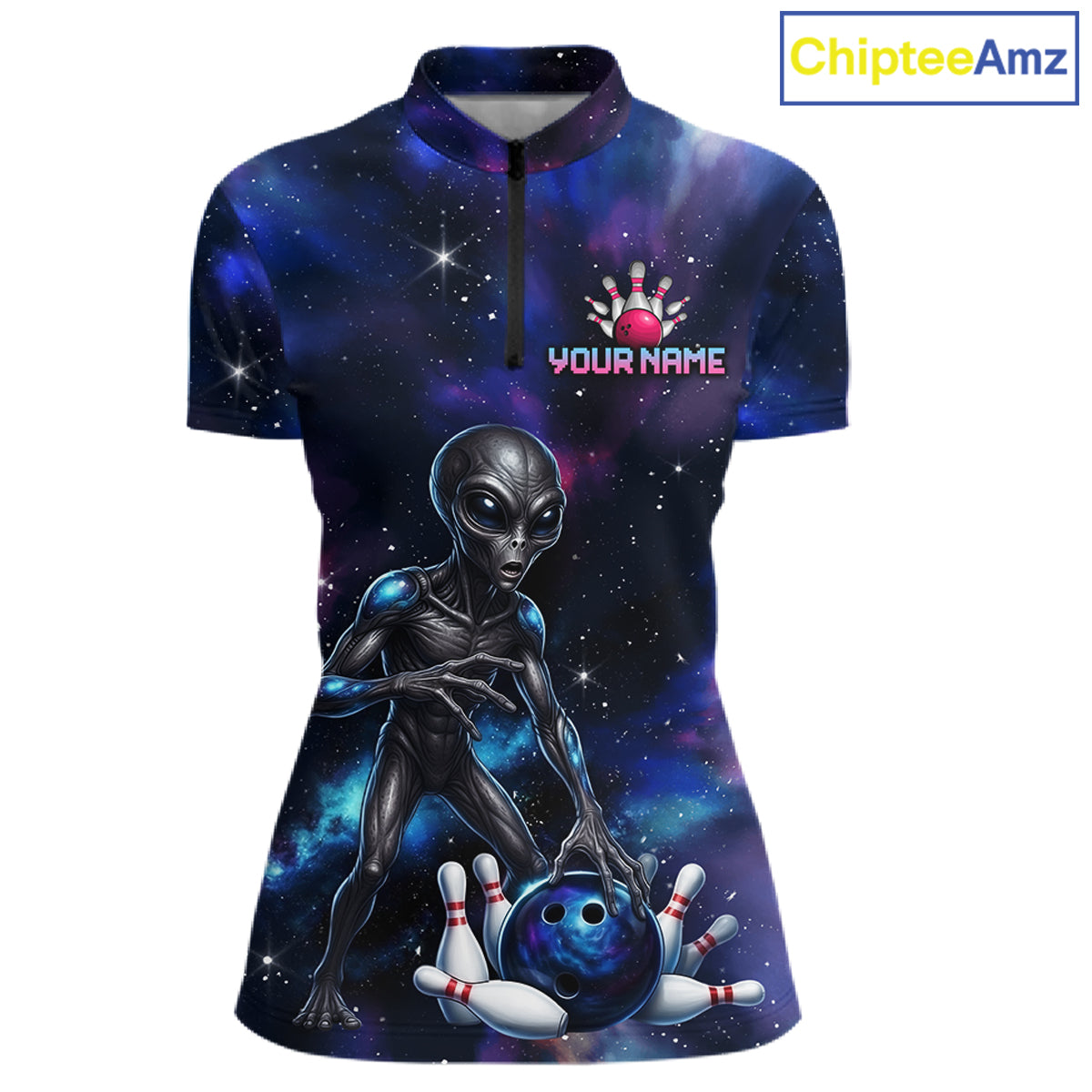 Space Alien Women's Quarter-Zip Bowling Shirt, Personalized Galaxy Bowling Tournament Jersey, Performance Sportswear