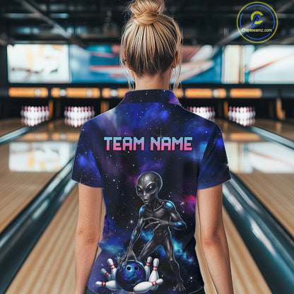 Female model wearing Space Alien bowling polo, galaxy bowling apparel, sci-fi sports fashion, confidence