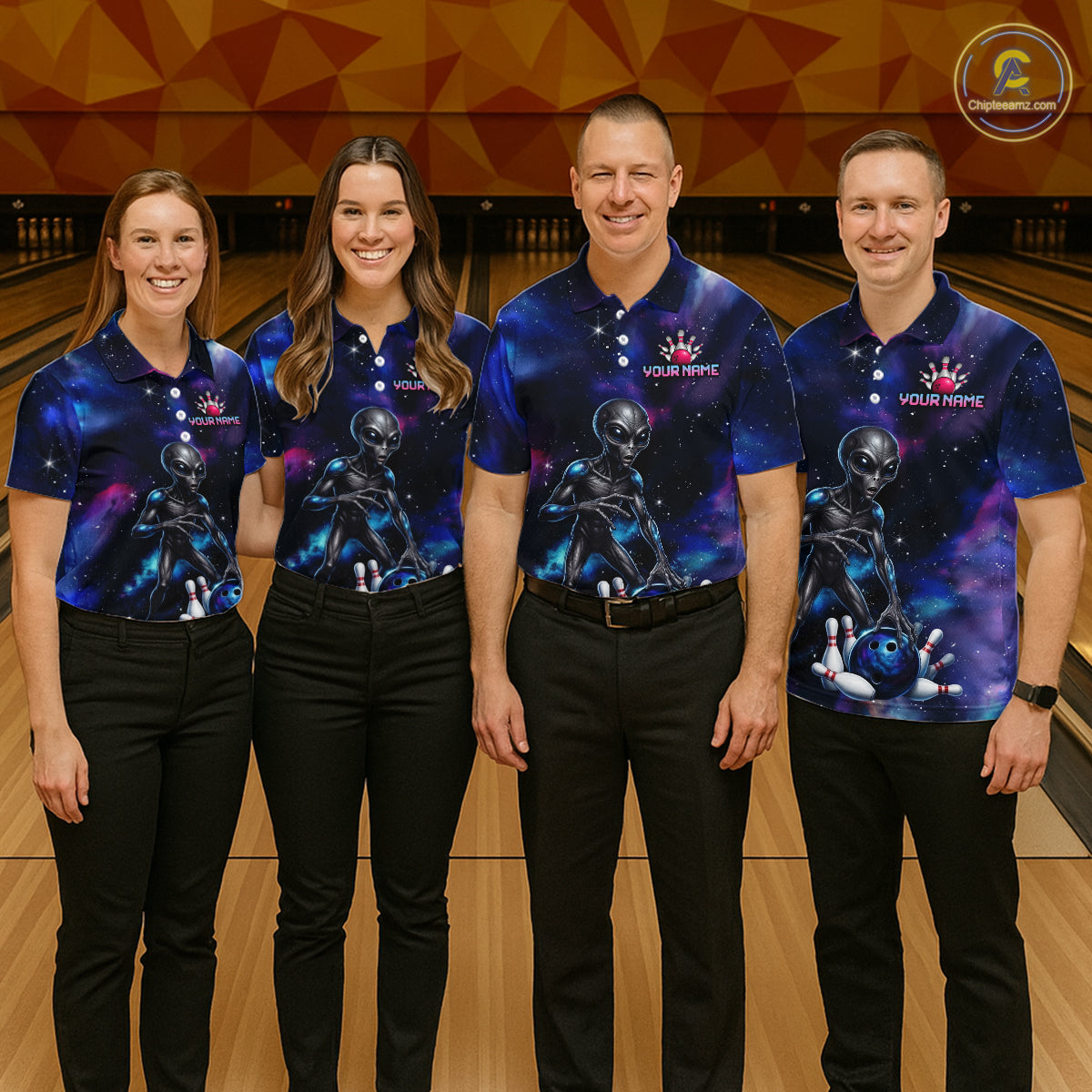 Bowling team wearing matching Space Alien bowling uniforms, galaxy team jerseys, sci-fi community, gaming crossover, teamwork