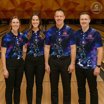 Bowling team wearing matching Space Alien bowling uniforms, galaxy team jerseys, sci-fi community, gaming crossover, teamwork