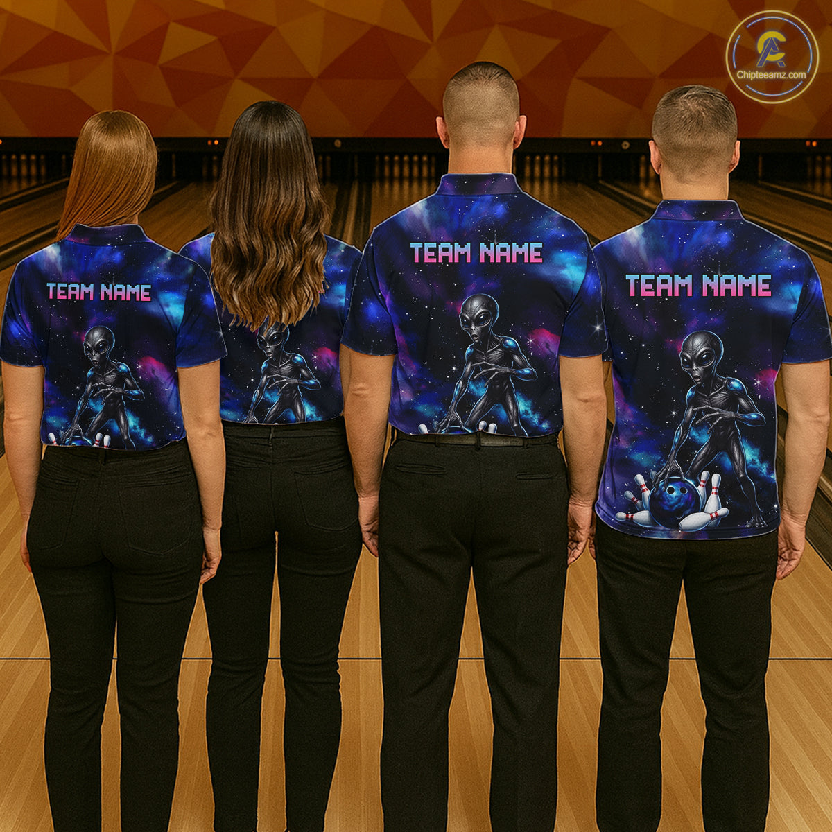 Bowling team wearing matching Space Alien bowling uniforms, galaxy team jerseys, sci-fi community, gaming crossover, teamwork