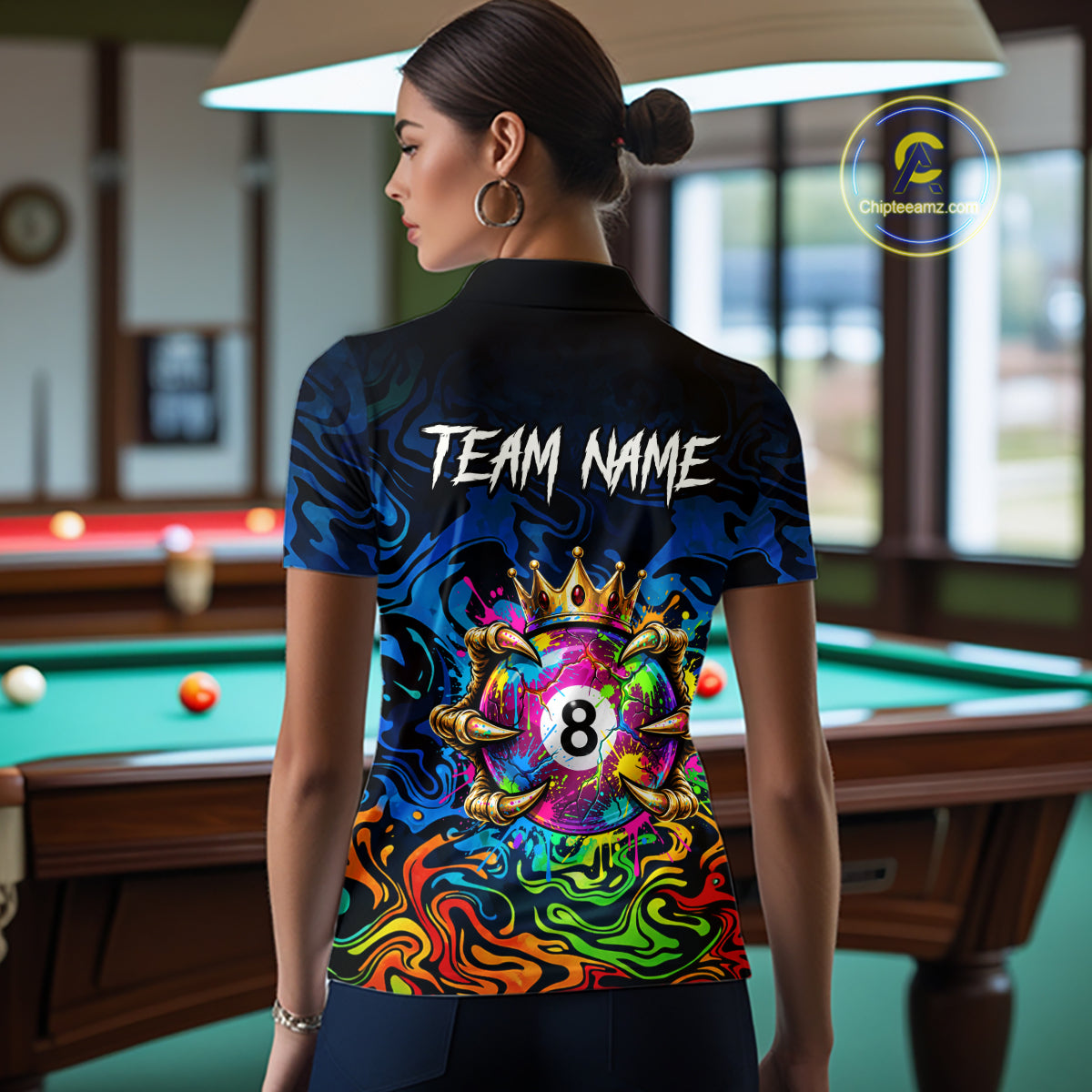 Skeleton Crown 8 Ball Pool Shirt For Women Custom Colorful Splatter Billiard Jersey With Name NYN4616