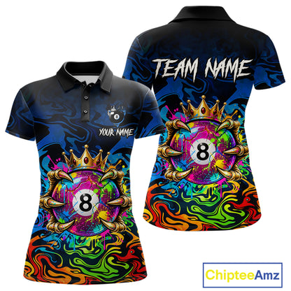 Skeleton Crown 8 Ball Pool Shirt For Women Custom Colorful Splatter Billiard Jersey With Name NYN4616