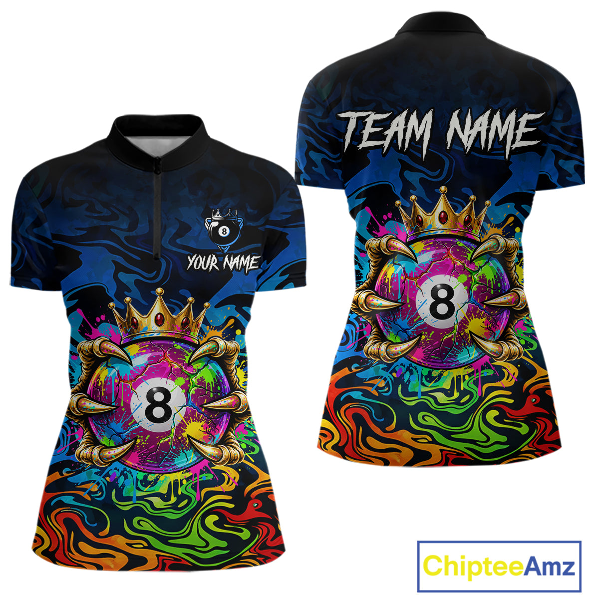 Skeleton Crown 8 Ball Pool Shirt For Women Custom Colorful Splatter Billiard Jersey With Name NYN4616