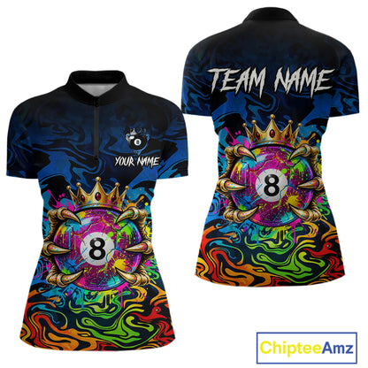 Skeleton Crown 8 Ball Pool Shirt For Women Custom Colorful Splatter Billiard Jersey With Name NYN4616