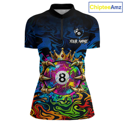 Skeleton Crown 8 Ball Pool Shirt For Women Custom Colorful Splatter Billiard Jersey With Name NYN4616