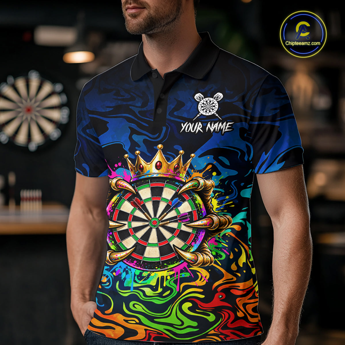 Skeleton Crown Dartboard Darts Shirt For Men Custom Name Colorful Splatter Darts Team Jersey NYN4617