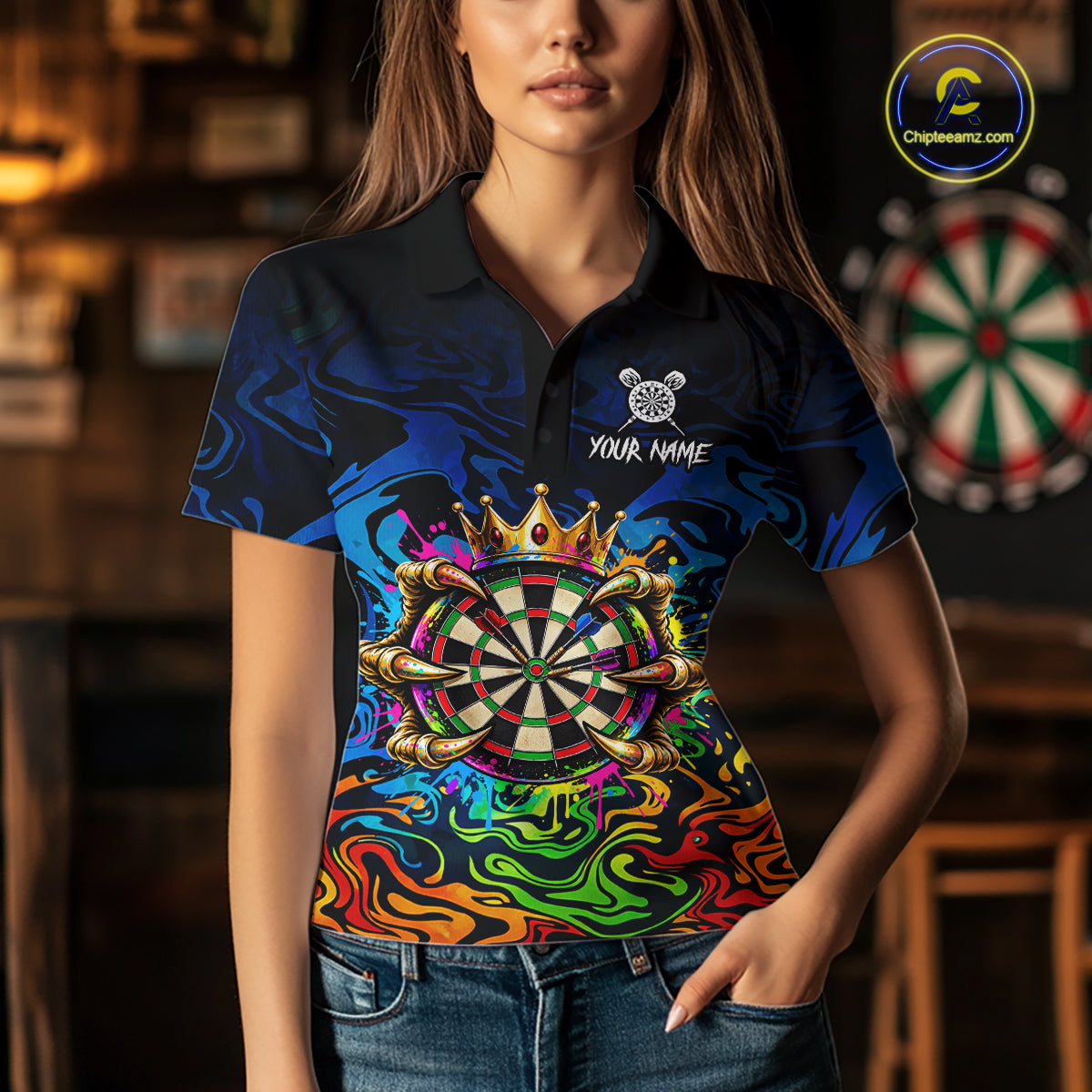Skeleton Crown Dartboard Darts Shirt For Women Custom Name Colorful Splatter Darts Team Jersey NYN4617