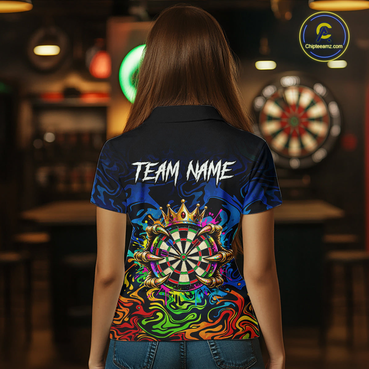 Skeleton Crown Dartboard Darts Shirt For Women Custom Name Colorful Splatter Darts Team Jersey NYN4617
