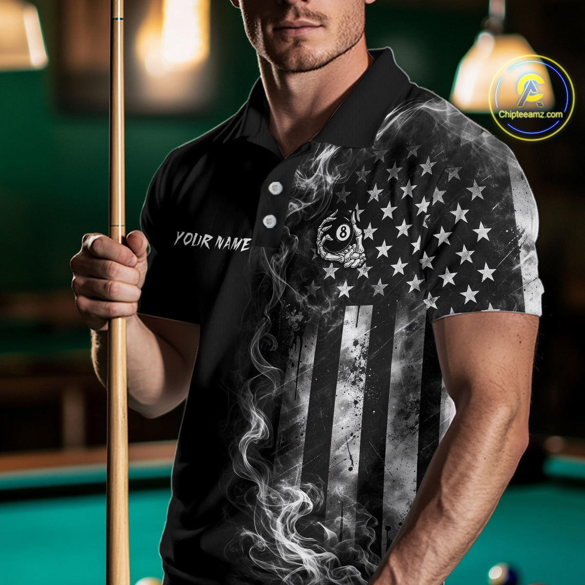 Smoke American Flag Billiard Pool Shirt For Men Custom Skeleton 8 Ball Pool Team Appeal NYN4619