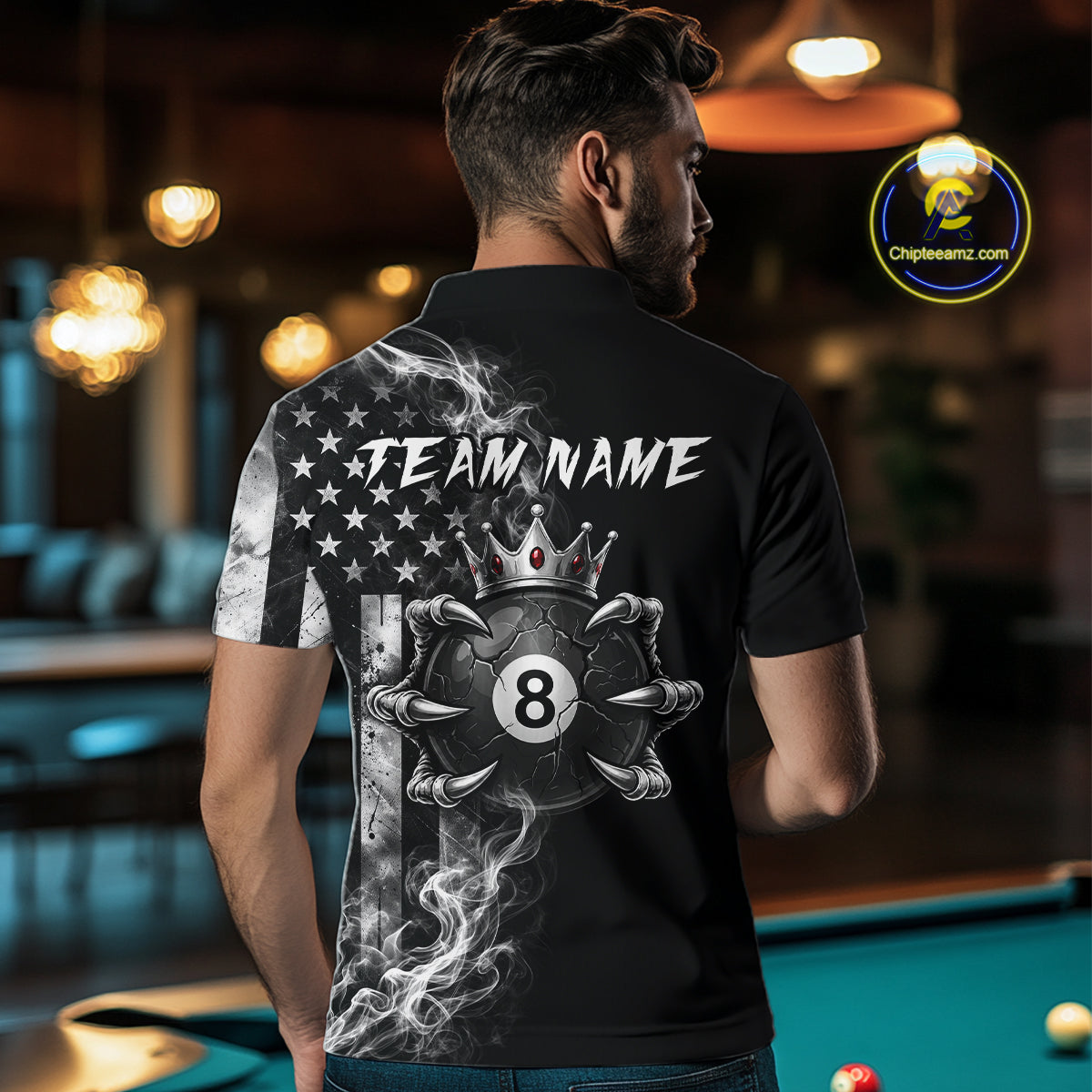 Smoke American Flag Billiard Pool Shirt For Men Custom Skeleton 8 Ball Pool Team Appeal NYN4619
