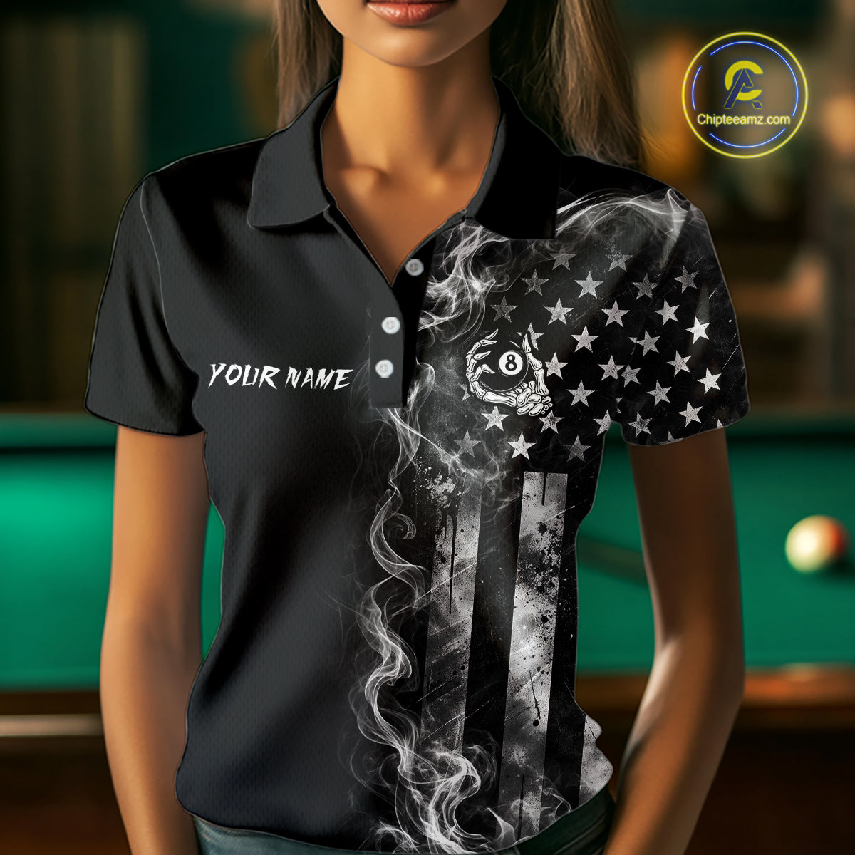 Smoke American Flag Billiard Pool Shirt For Women Custom Skeleton 8 Ball Pool Team Appeal NYN4619