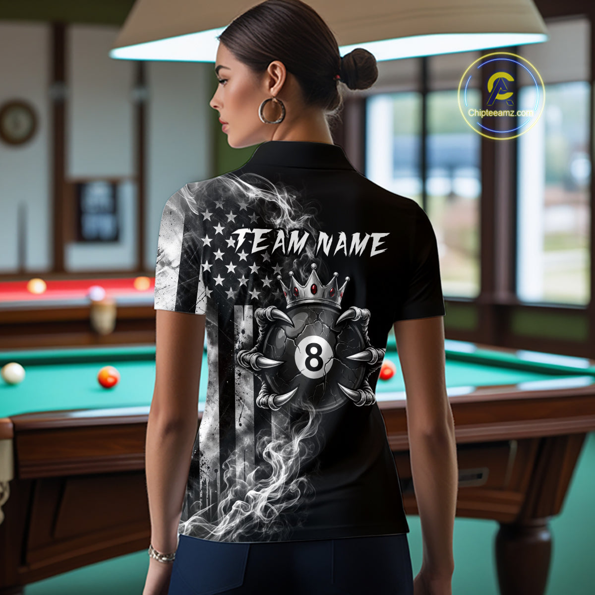Smoke American Flag Billiard Pool Shirt For Women Custom Skeleton 8 Ball Pool Team Appeal NYN4619