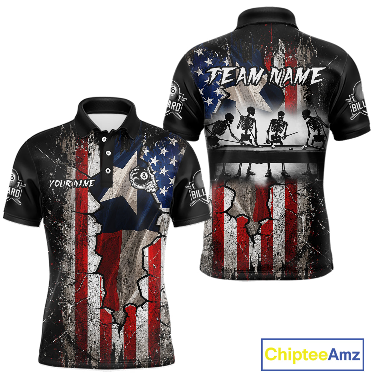 Texas Flag Billiard Pool Shirt For Men Custom Skeleton 8 Ball Pool Team USA Patriotic Appeal NYN4620