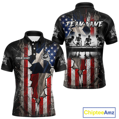 Texas Flag Billiard Pool Shirt For Men Custom Skeleton 8 Ball Pool Team USA Patriotic Appeal NYN4620