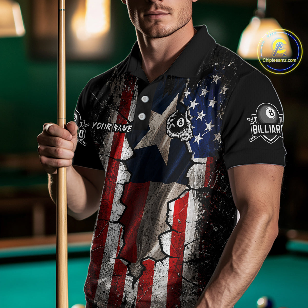 Texas Flag Billiard Pool Shirt For Men Custom Skeleton 8 Ball Pool Team USA Patriotic Appeal NYN4620