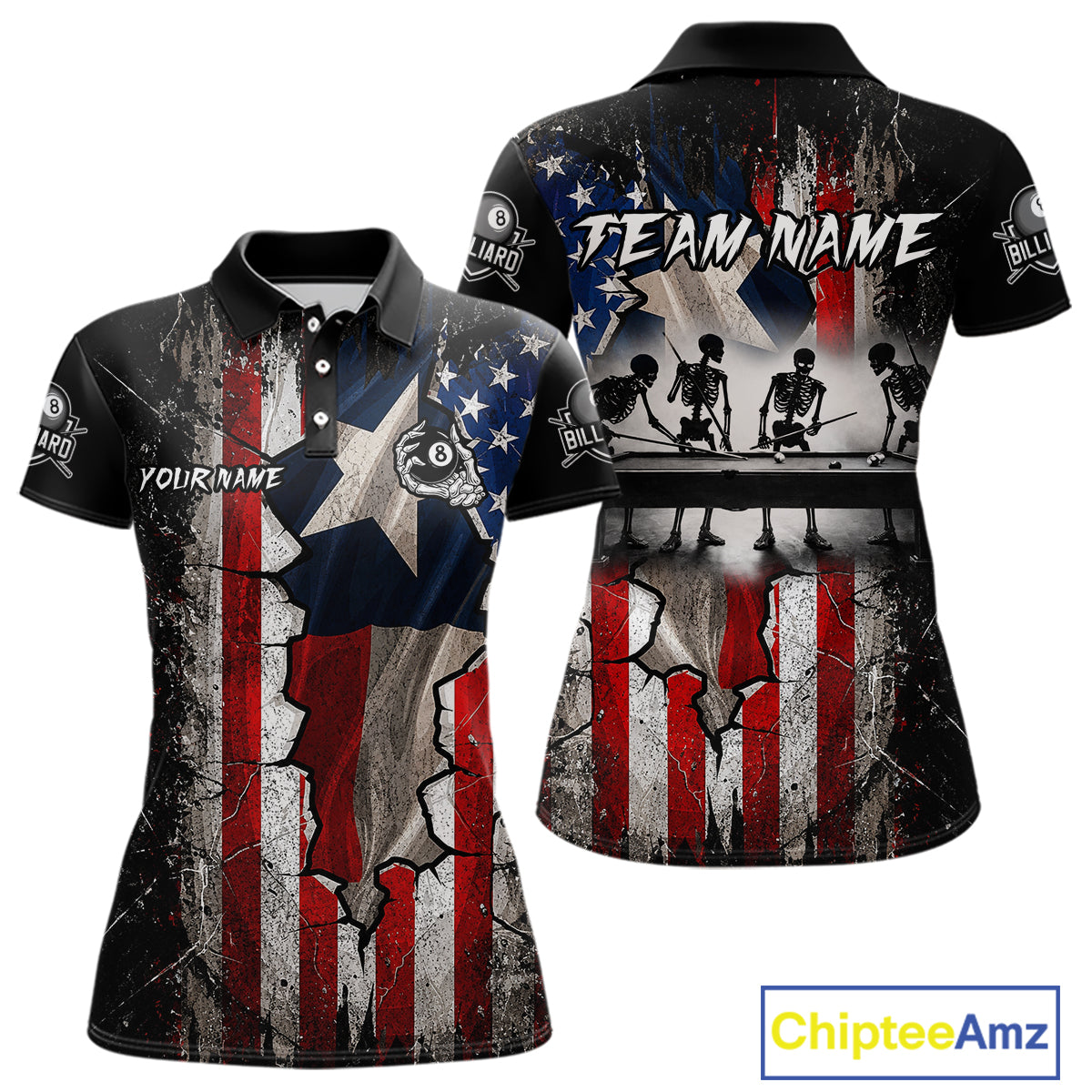 Texas Flag Billiard Pool Shirt For Women Custom Skeleton 8 Ball Pool Team USA Patriotic Appeal NYN4620