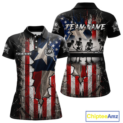 Texas Flag Billiard Pool Shirt For Women Custom Skeleton 8 Ball Pool Team USA Patriotic Appeal NYN4620