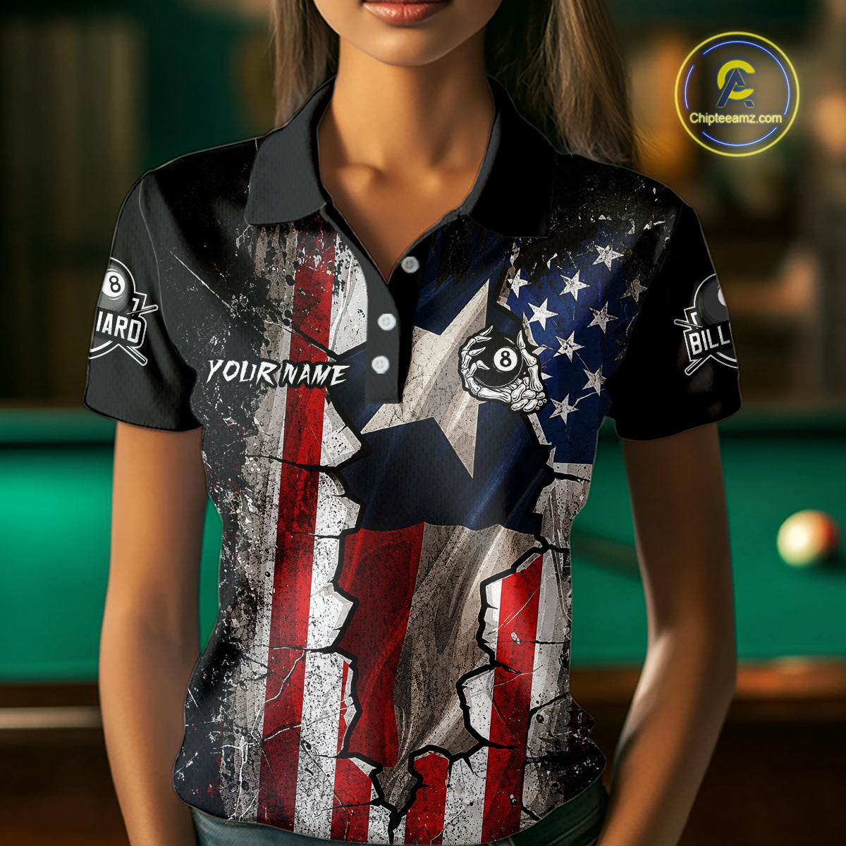 Texas Flag Billiard Pool Shirt For Women Custom Skeleton 8 Ball Pool Team USA Patriotic Appeal NYN4620