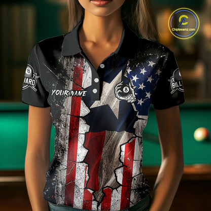Texas Flag Billiard Pool Shirt For Women Custom Skeleton 8 Ball Pool Team USA Patriotic Appeal NYN4620