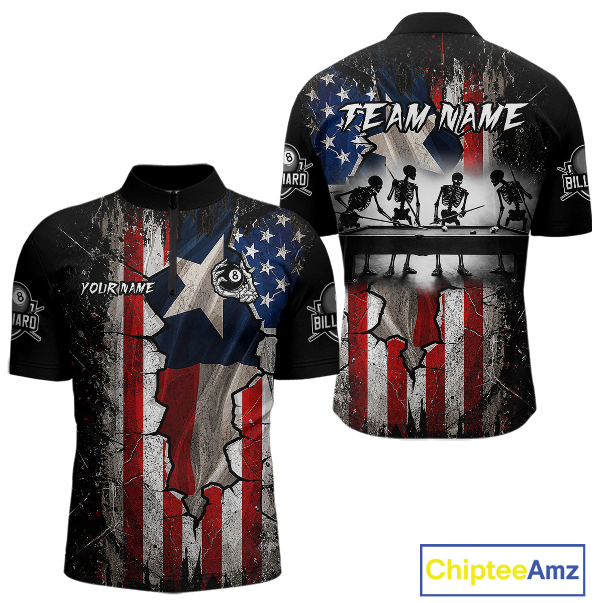 Texas Flag Billiard Pool Shirt For Men Custom Skeleton 8 Ball Pool Team USA Patriotic Appeal NYN4620