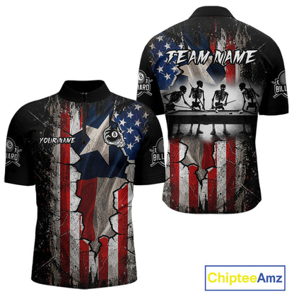 Texas Flag Billiard Pool Shirt For Men Custom Skeleton 8 Ball Pool Team USA Patriotic Appeal NYN4620