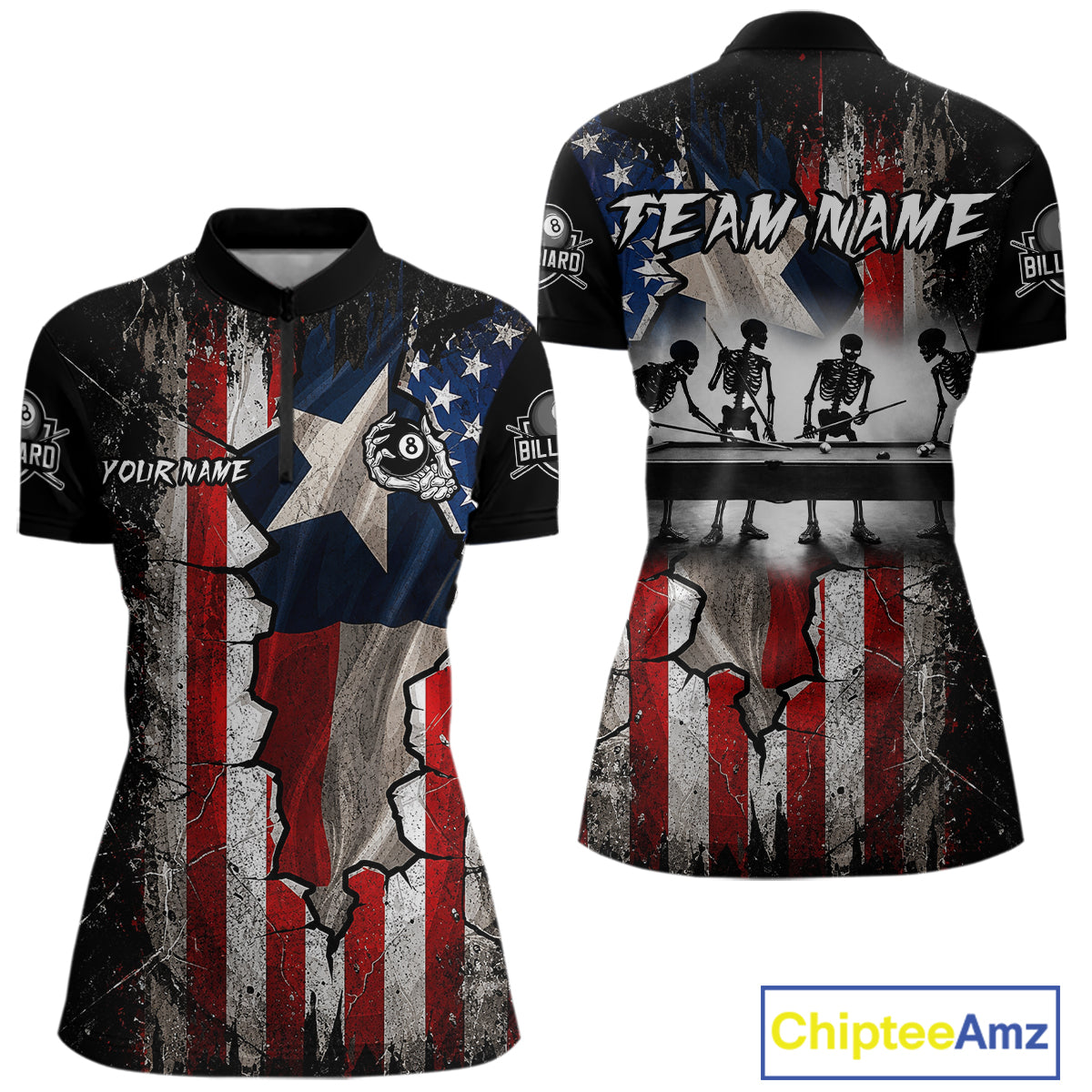 Texas Flag Billiard Pool Shirt For Women Custom Skeleton 8 Ball Pool Team USA Patriotic Appeal NYN4620