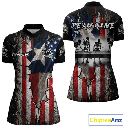 Texas Flag Billiard Pool Shirt For Women Custom Skeleton 8 Ball Pool Team USA Patriotic Appeal NYN4620