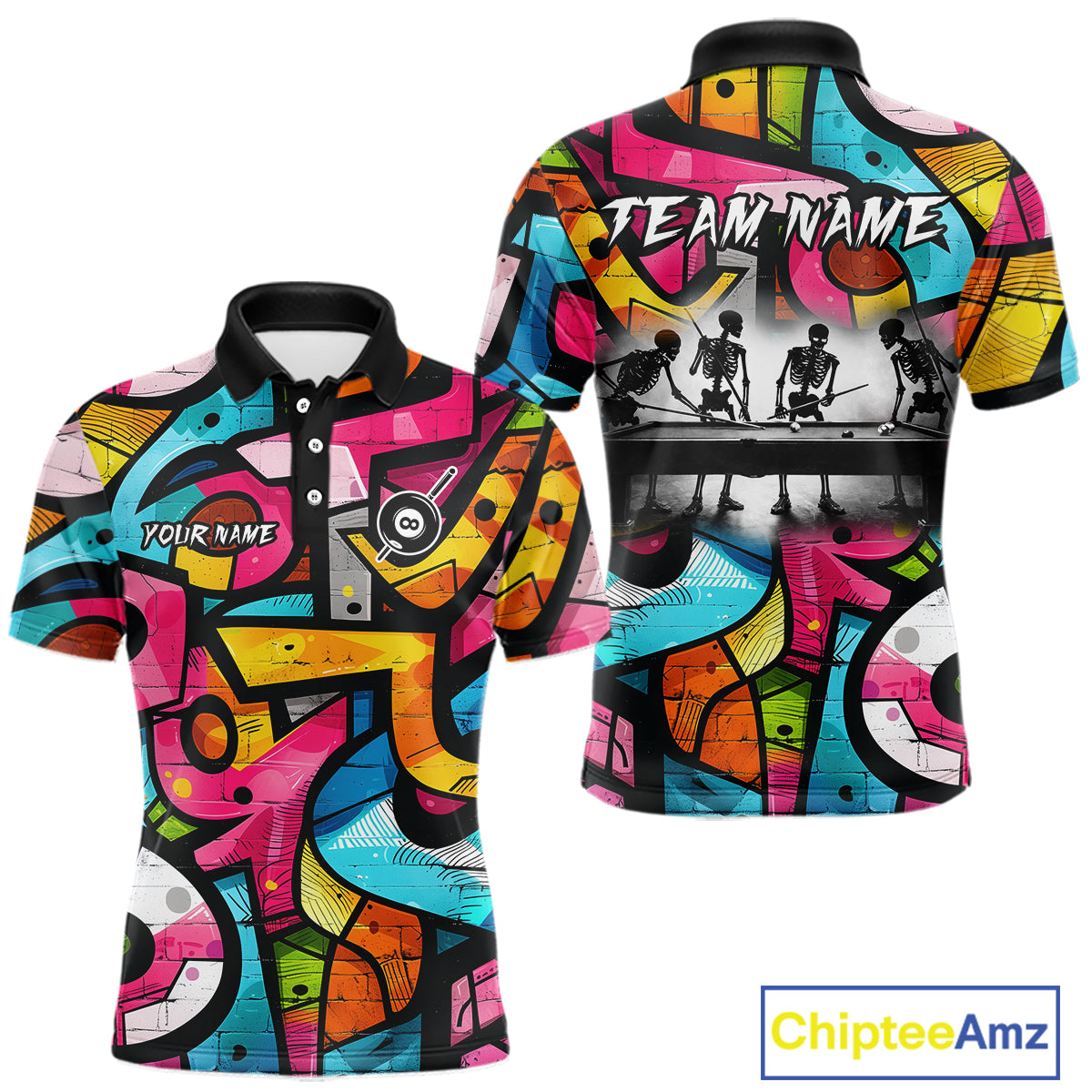 Colorful Graffiti Street Billiard Shirt For Men Custom Skeleton 8 Ball Pool Team Appeal NYN4621