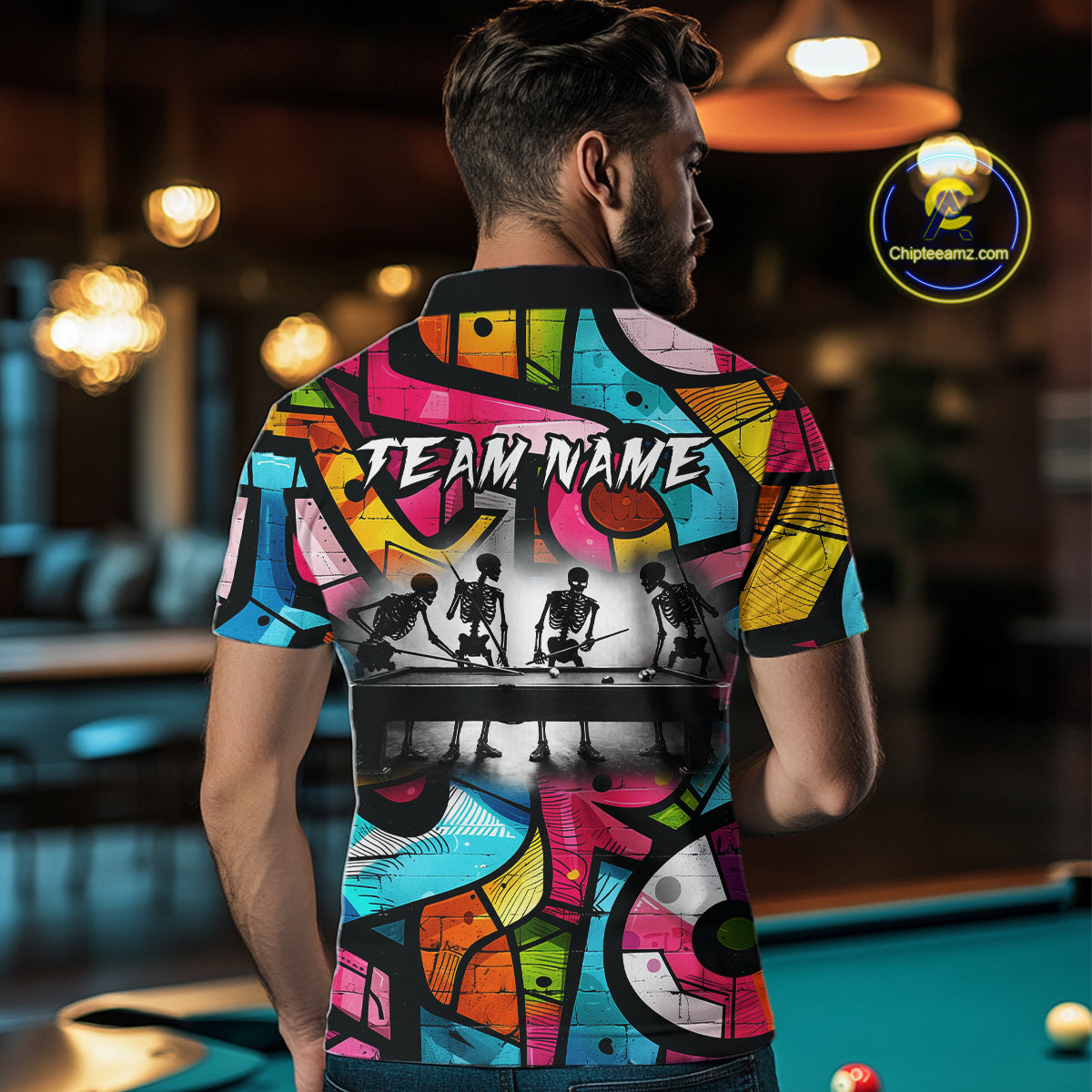 Colorful Graffiti Street Billiard Shirt For Men Custom Skeleton 8 Ball Pool Team Appeal NYN4621