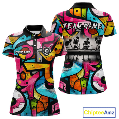 Colorful Graffiti Street Billiard Shirt For Women Custom Skeleton 8 Ball Pool Team Appeal NYN4621