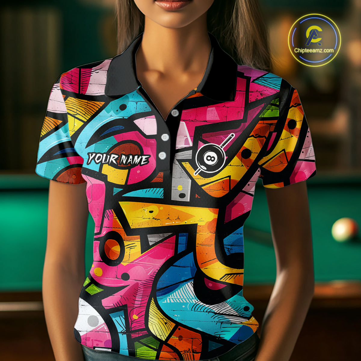 Colorful Graffiti Street Billiard Shirt For Women Custom Skeleton 8 Ball Pool Team Appeal NYN4621