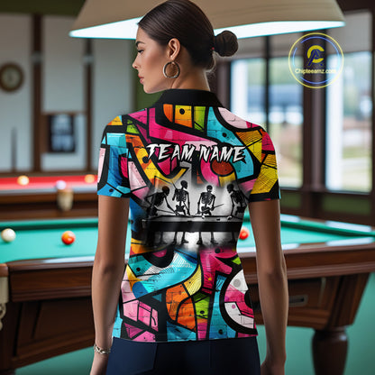 Colorful Graffiti Street Billiard Shirt For Women Custom Skeleton 8 Ball Pool Team Appeal NYN4621