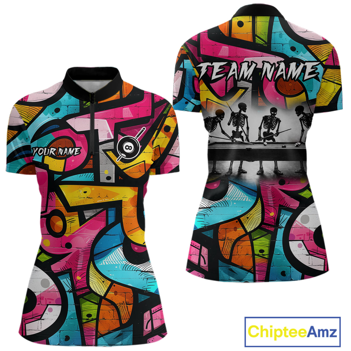 Colorful Graffiti Street Billiard Shirt For Women Custom Skeleton 8 Ball Pool Team Appeal NYN4621
