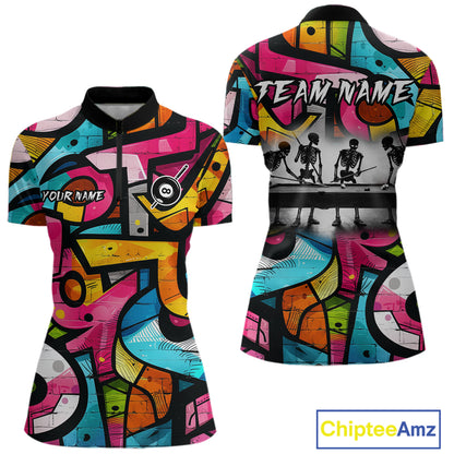 Colorful Graffiti Street Billiard Shirt For Women Custom Skeleton 8 Ball Pool Team Appeal NYN4621
