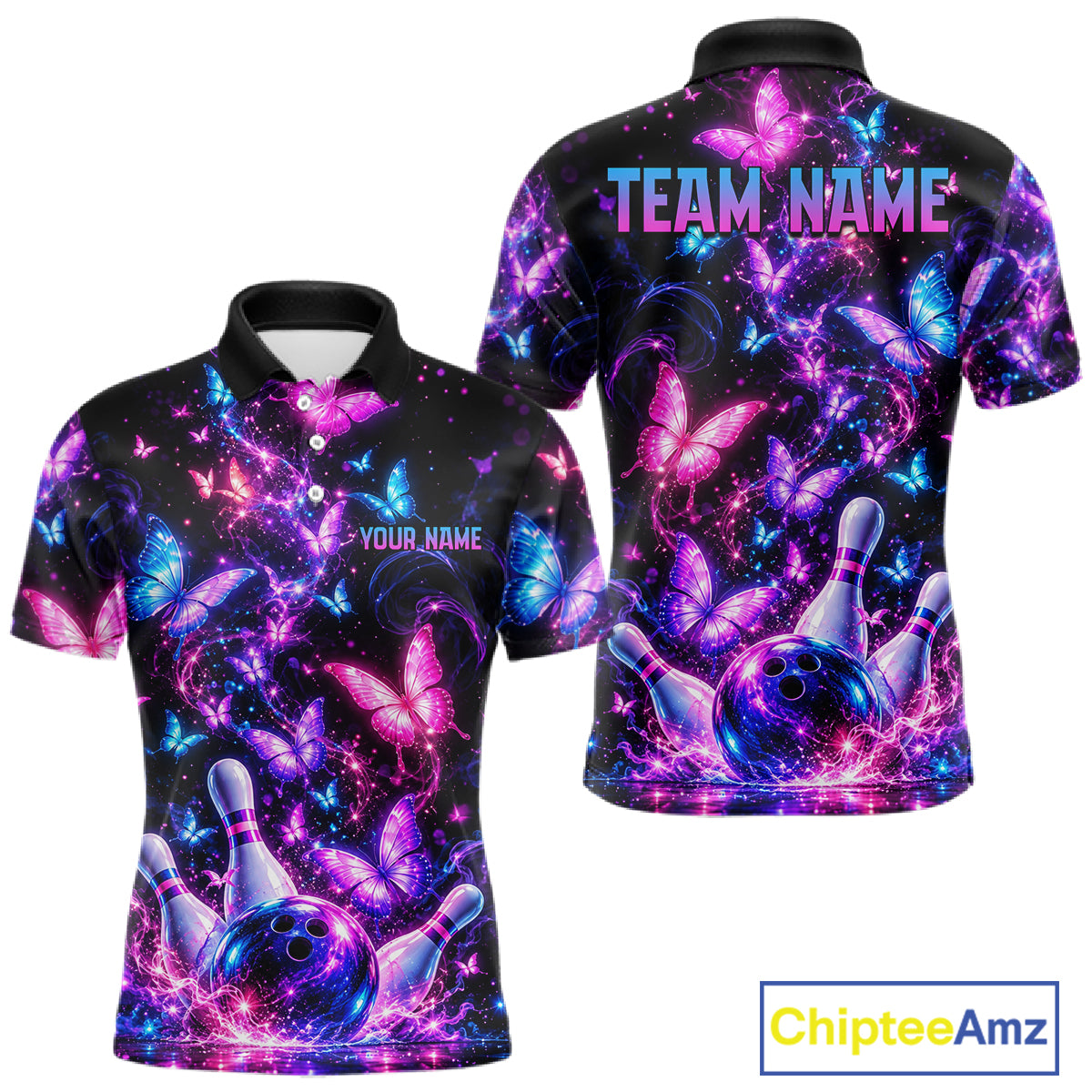 Pink Purple Neon Bowling Polo 1/4-Zip Shirt For Men Custom Name Smoke Butterfly Bowling Jersey Uniform NYN4627