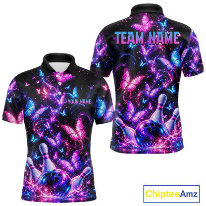 Pink Purple Neon Bowling Polo 1/4-Zip Shirt For Men Custom Name Smoke Butterfly Bowling Jersey Uniform NYN4627