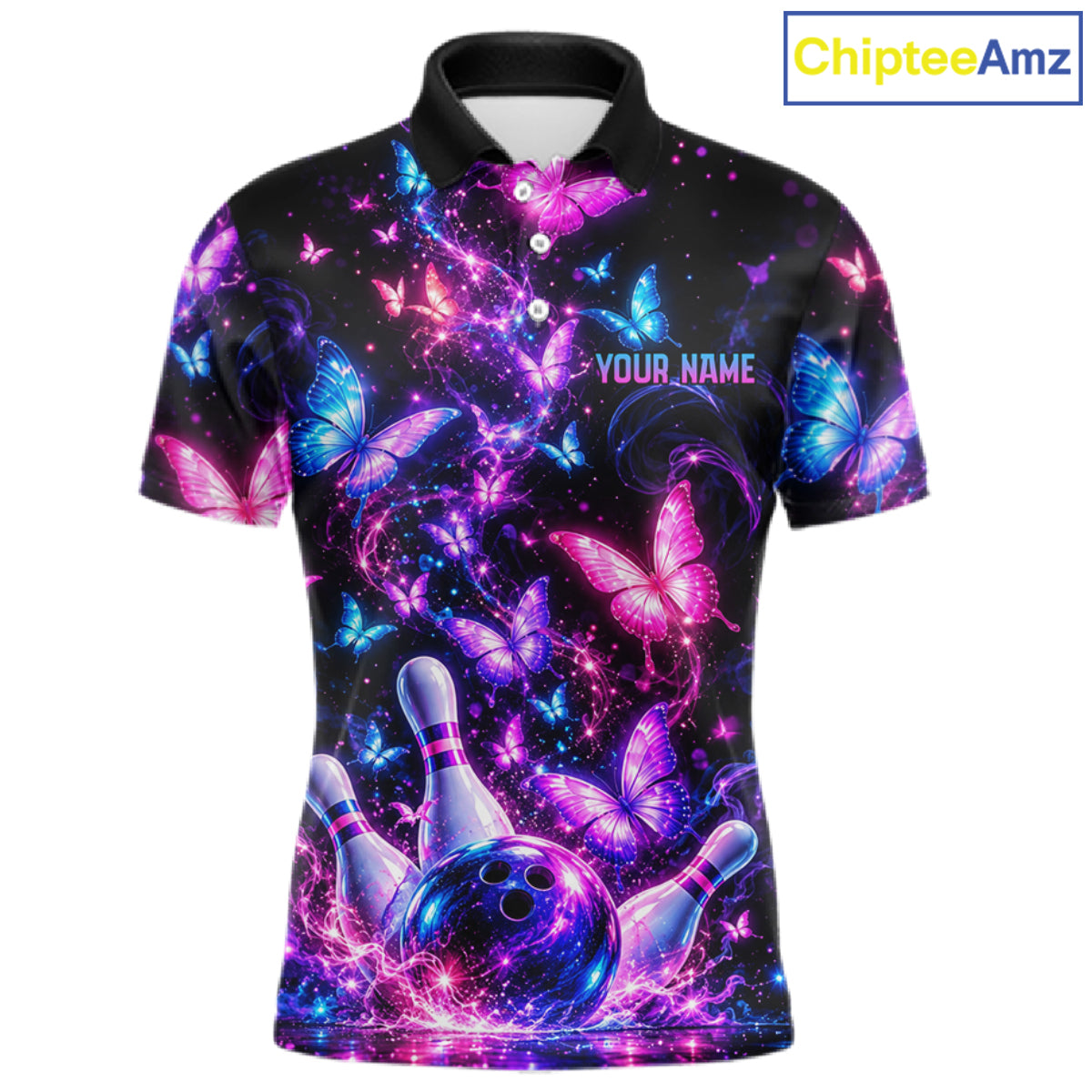 Pink Purple Neon Bowling Polo 1/4-Zip Shirt For Men Custom Name Smoke Butterfly Bowling Jersey Uniform NYN4627