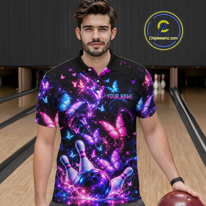 Pink Purple Neon Bowling Polo 1/4-Zip Shirt For Men Custom Name Smoke Butterfly Bowling Jersey Uniform NYN4627