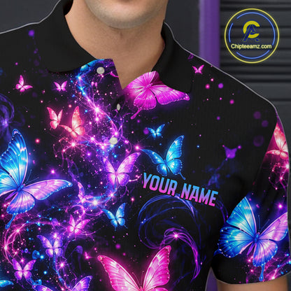 Pink Purple Neon Bowling Polo 1/4-Zip Shirt For Men Custom Name Smoke Butterfly Bowling Jersey Uniform NYN4627